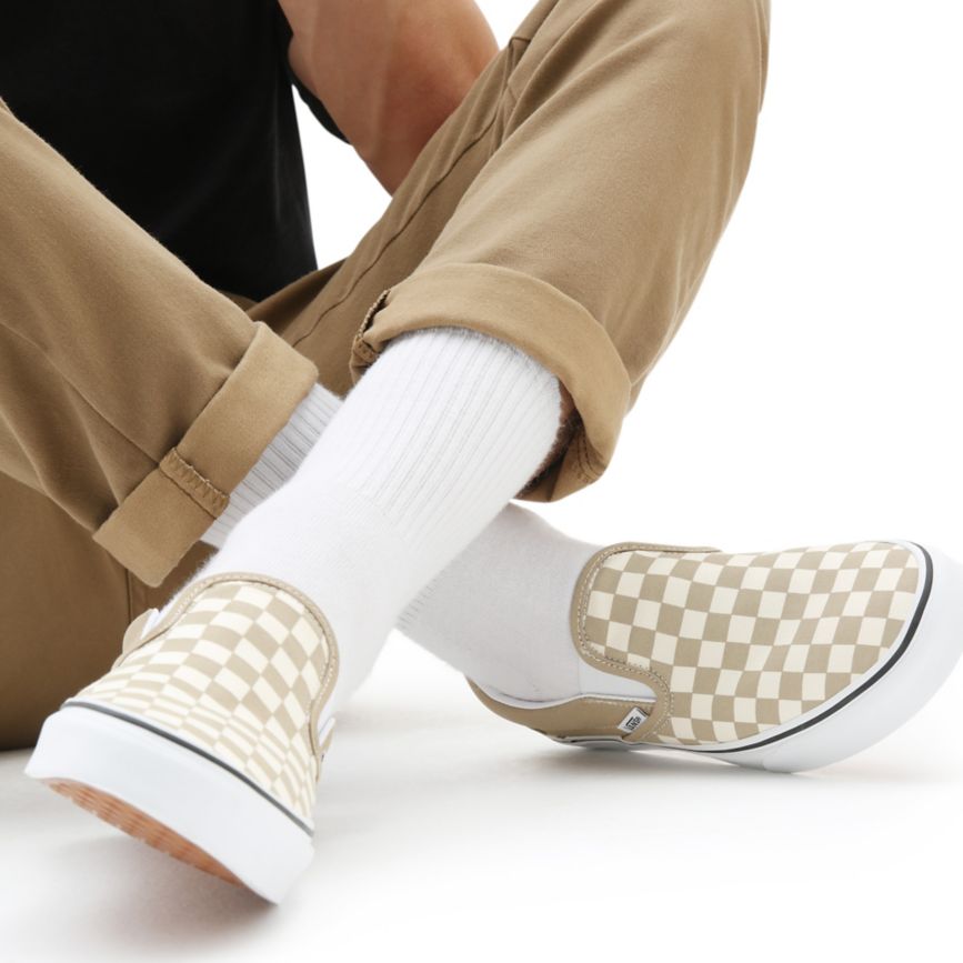Beige Vans Checkerboard Classic Slip-On Shoes | VN389D8MS31